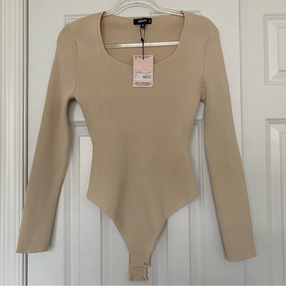 Missguided Sand Rib Knit Square Neck Bodysuit